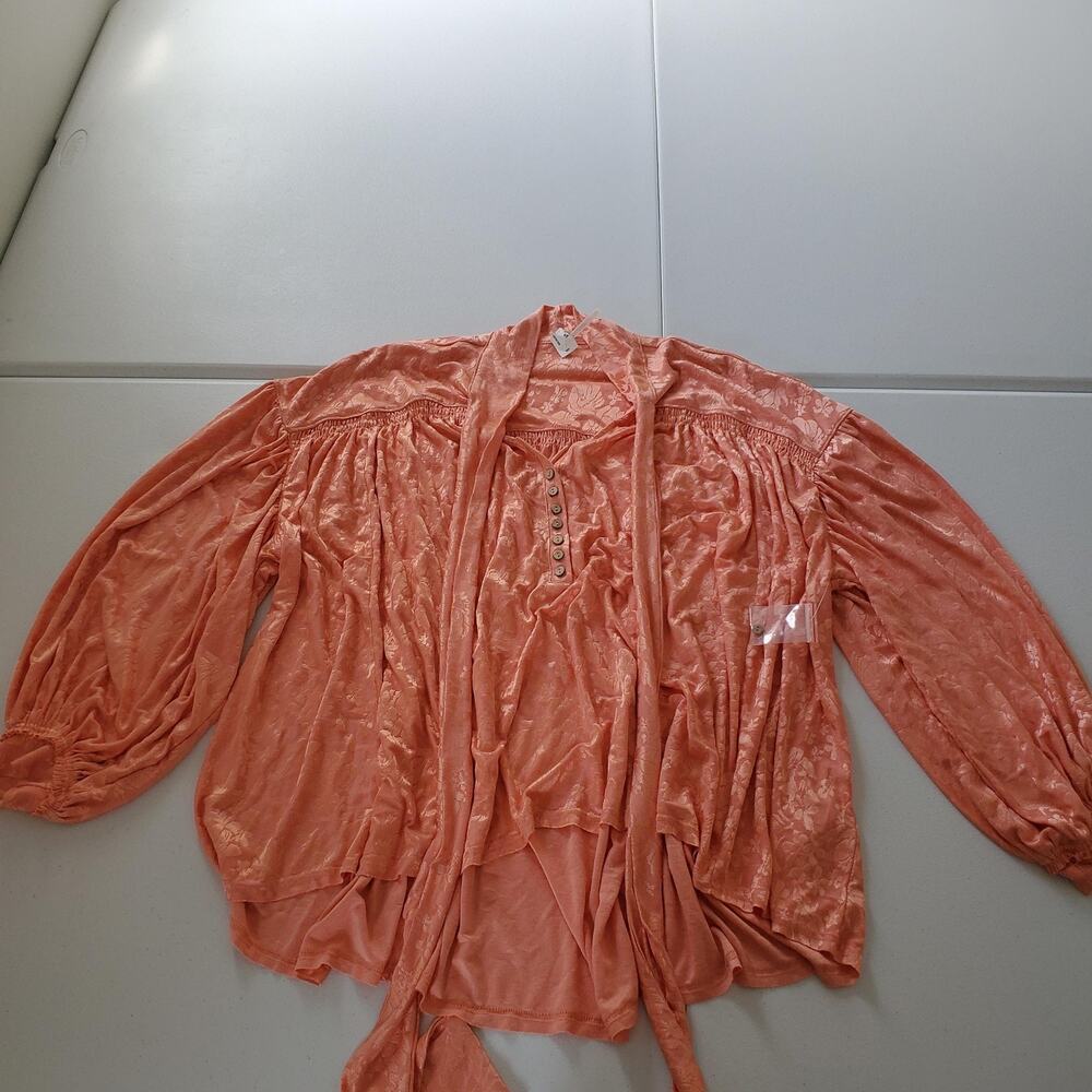 Free People Blouse Womens Small Coral Floral Jacquard Wrap Tie Belt OB1607842